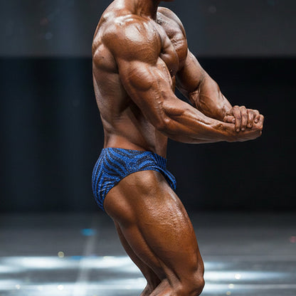 Blue patterned athletic briefs from metromalewear posingwear royal blue zebra suit shown from the front