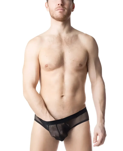 Black sheer mesh blur bikini brief with solid black waistband showing front view