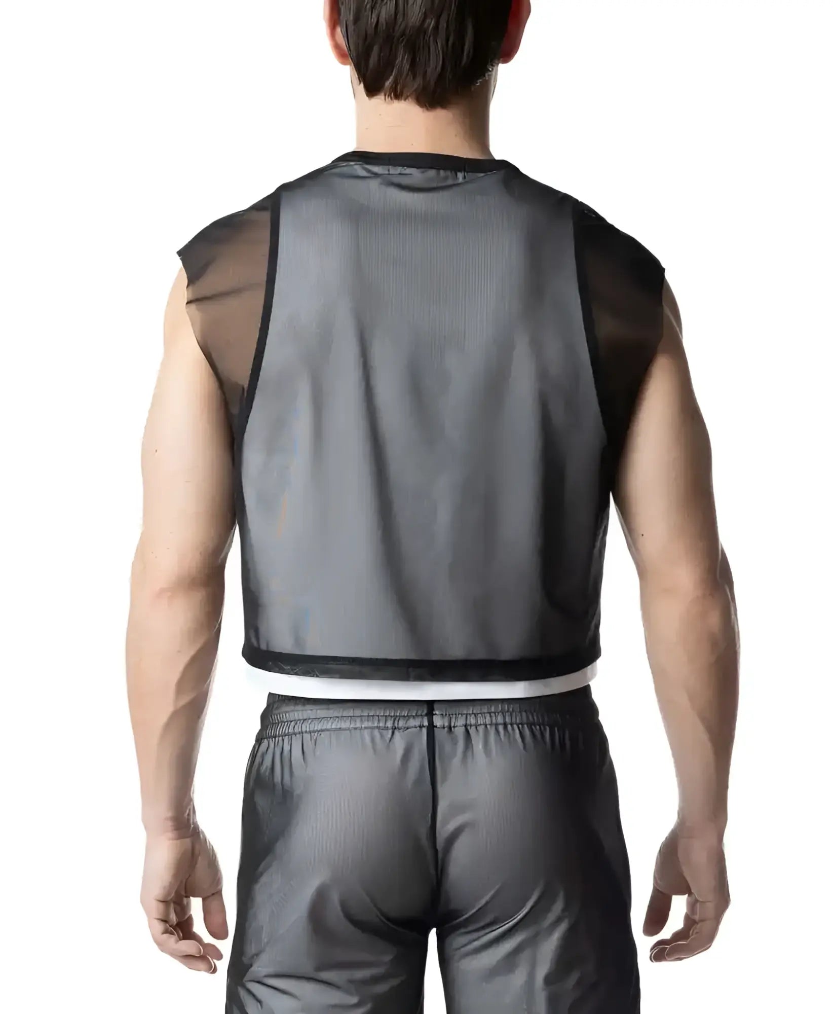 Black mesh sleeveless athletic vest blur crop top with sheer panels and ribbed texture for active wear