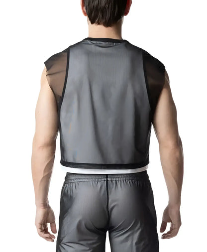 Black mesh sleeveless athletic vest blur crop top with sheer panels and ribbed texture for active wear