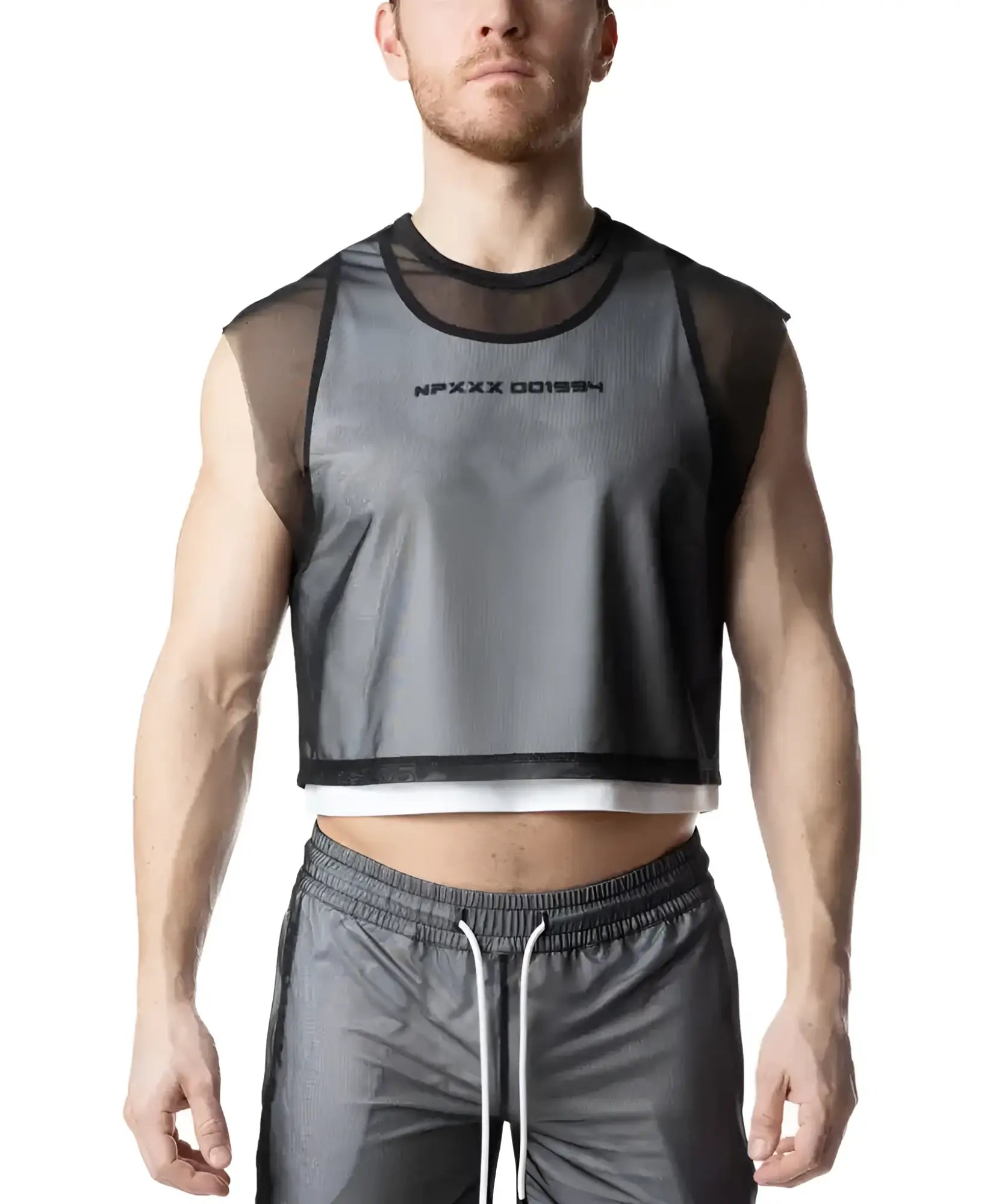 Blur crop top black mesh sleeveless crop top with gray front panel and white trim at the hem