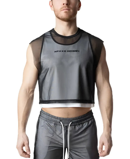 Blur crop top black mesh sleeveless crop top with gray front panel and white trim at the hem