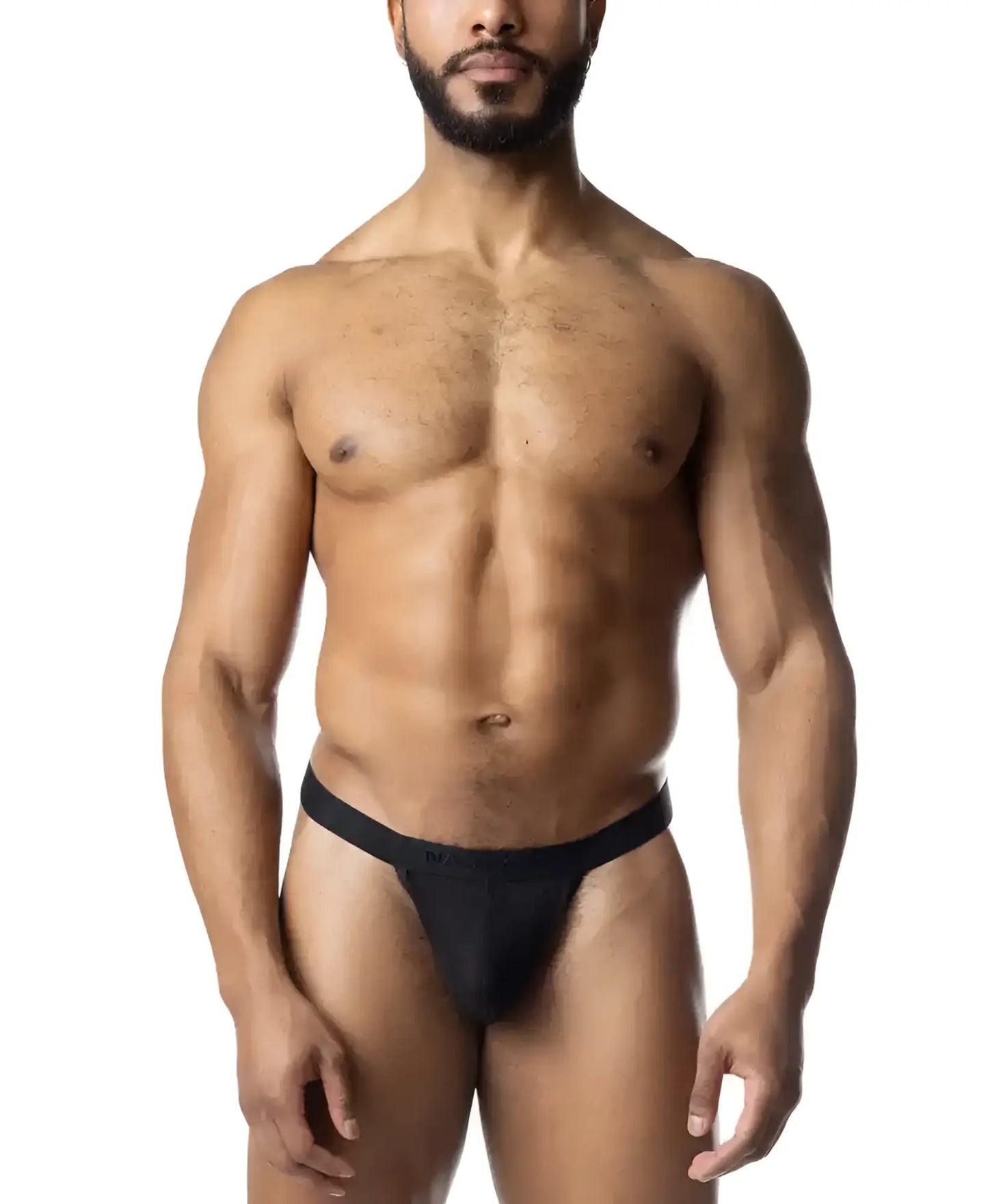Black blur jockstrap briefs with smooth stretchy fabric and a narrow waistband shown from the back side