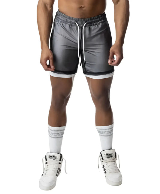 Gray blur rugby short athletic shorts with shiny reflective finish and white drawstrings for sports and training