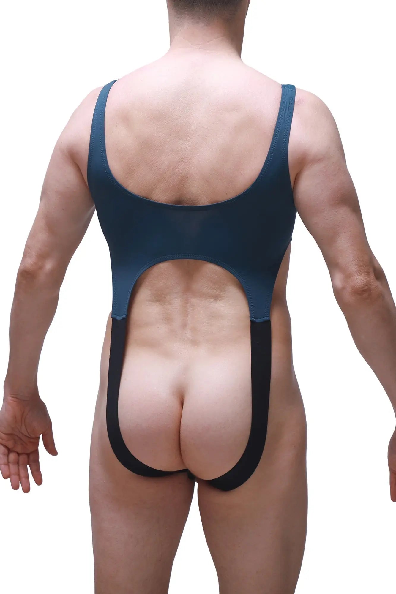 Back view of body amance prussian blue one-piece swimsuit in dark blue with black trim and back cutout detail