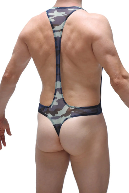 Camouflage-patterned body ambel camo net one-piece swimsuit with racerback design and thin straps shown from the back