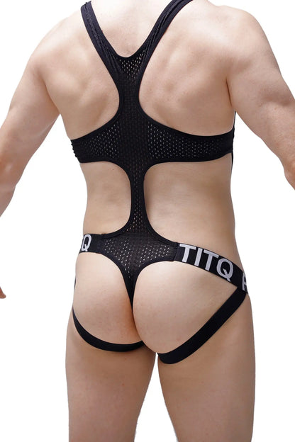 Black mesh bodysuit body jockstring oze durtol with cutout design and titq branding on the waistband