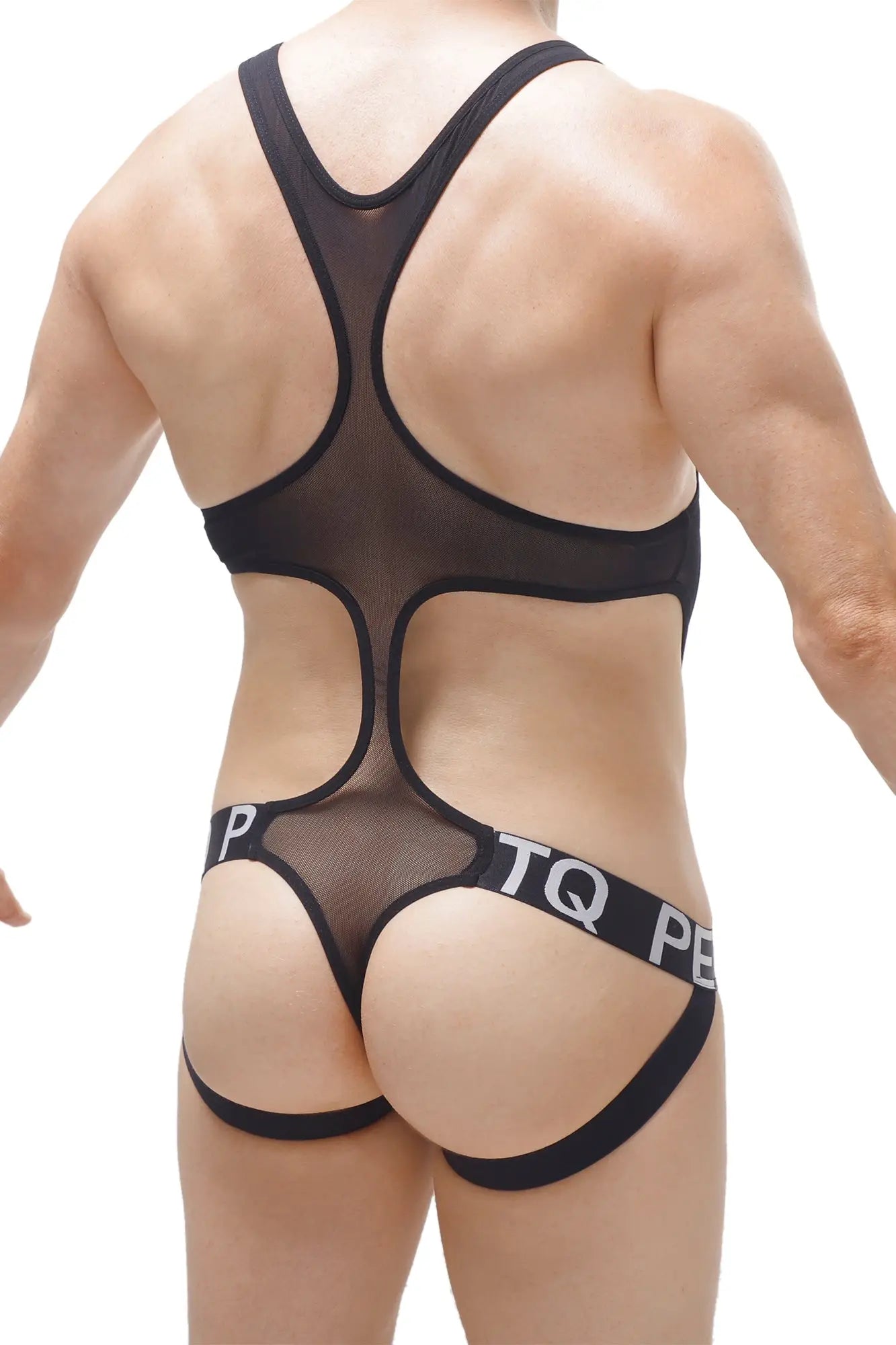 Black sheer mesh body jockstring with bold black straps and branded waistband in Oze net design
