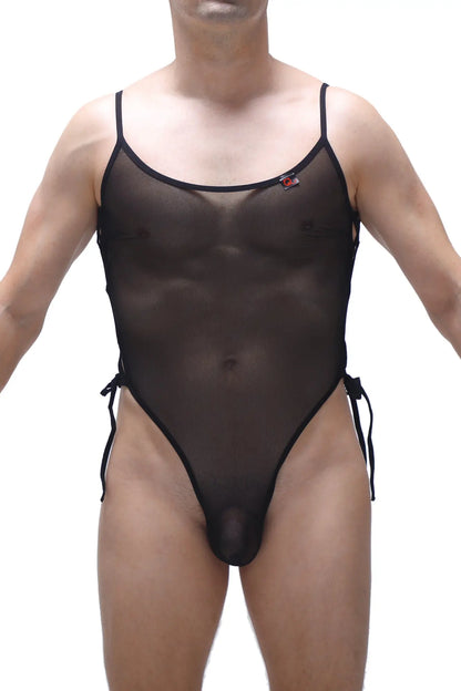 Black sheer mesh one-piece swimsuit body lacets net black with thin straps and side ties
