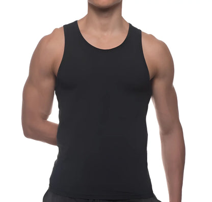 Black sleeveless tank top with simple round neckline and smooth form-fitting fabric from body tech maximizer set