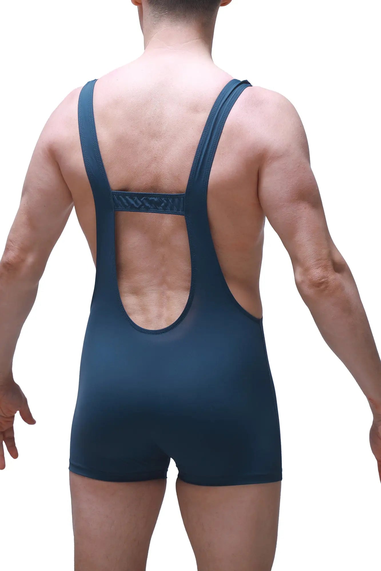 Dark blue bodyboxer aunou athletic singlet with wide shoulder straps and patterned back panel shown from the back