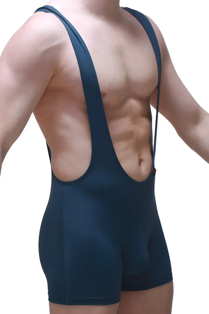 Bodyboxer Aunou blue dark blue form-fitting wrestling singlet with wide shoulder straps and cutout design