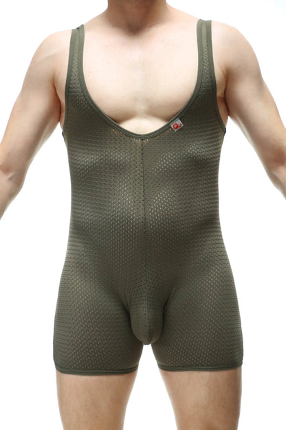 Bodyboxer bee green olive green mesh athletic bodysuit with snug fit and thin shoulder straps for active wear