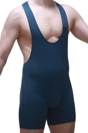 Bodyboxer blue dark blue athletic singlet with deep v-neck shoulder straps and small red logo on upper right chest