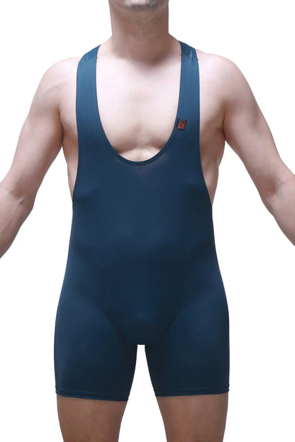 Dark blue bodyboxer athletic singlet with snug fit and thin shoulder straps for active wear