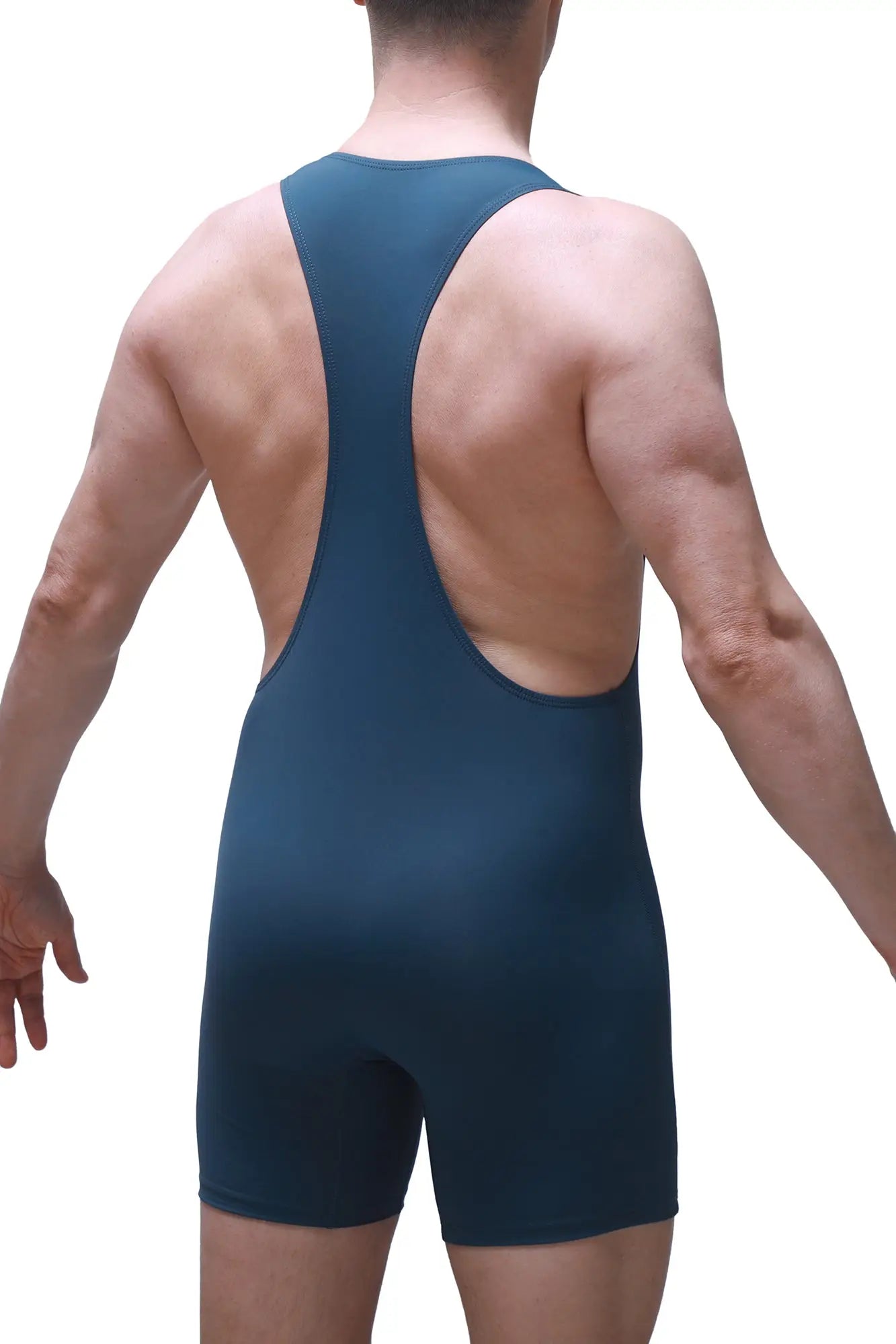 Bodyboxer blue dark teal athletic singlet with racerback design and short legs shown from the back side