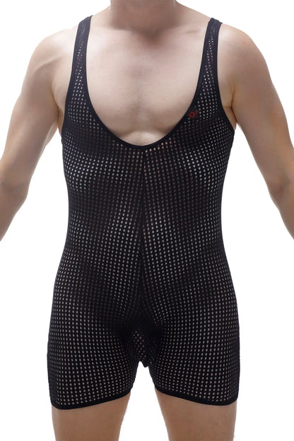 Bodyboxer Durtol black mesh singlet with a tight-fitting design and subtle white dot pattern