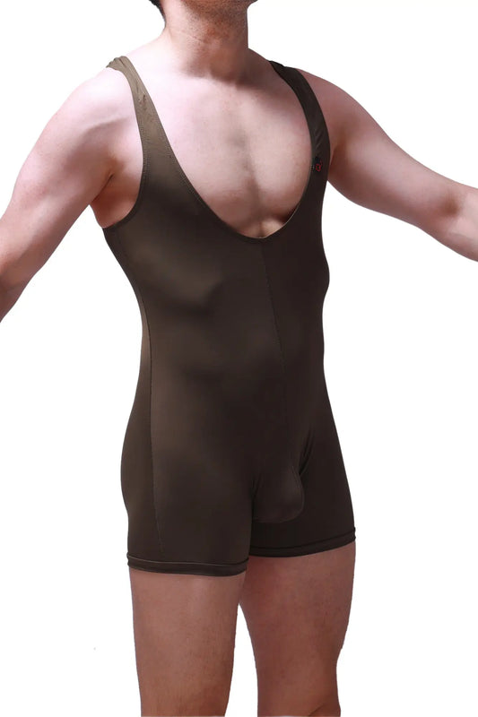 Black bodyboxer malay olive one-piece athletic suit with wide shoulder straps and deep v-neckline in form-fitting design