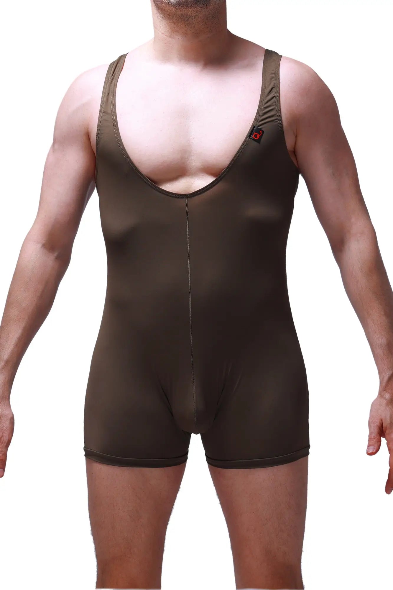Brown form-fitting one-piece athletic wear with thin straps and deep scoop neckline from Bodyboxer Malay Olive