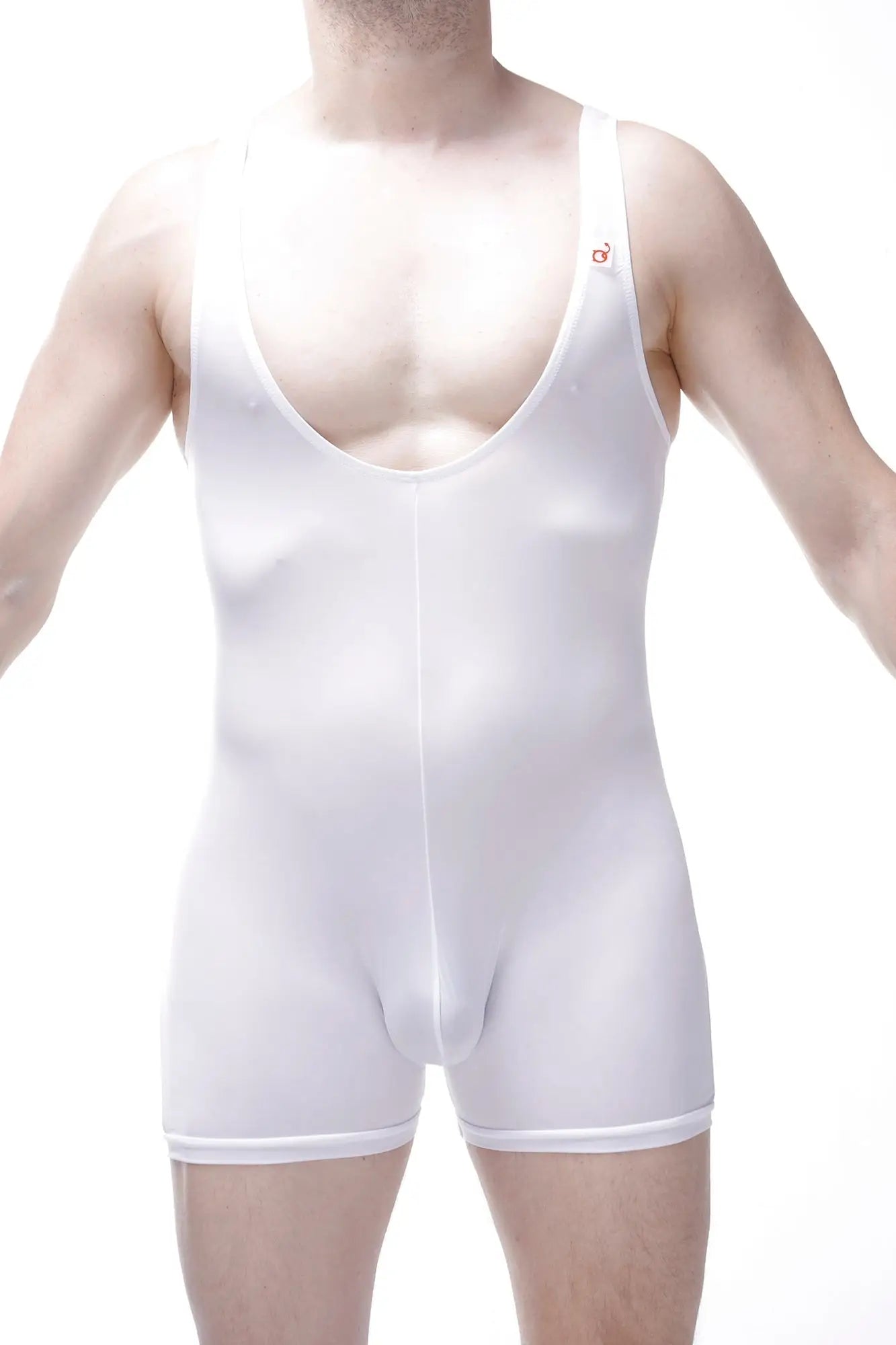 White form-fitting men’s compression bodysuit by Bodyboxer Malay Plum with scoop neckline and brief-style legs