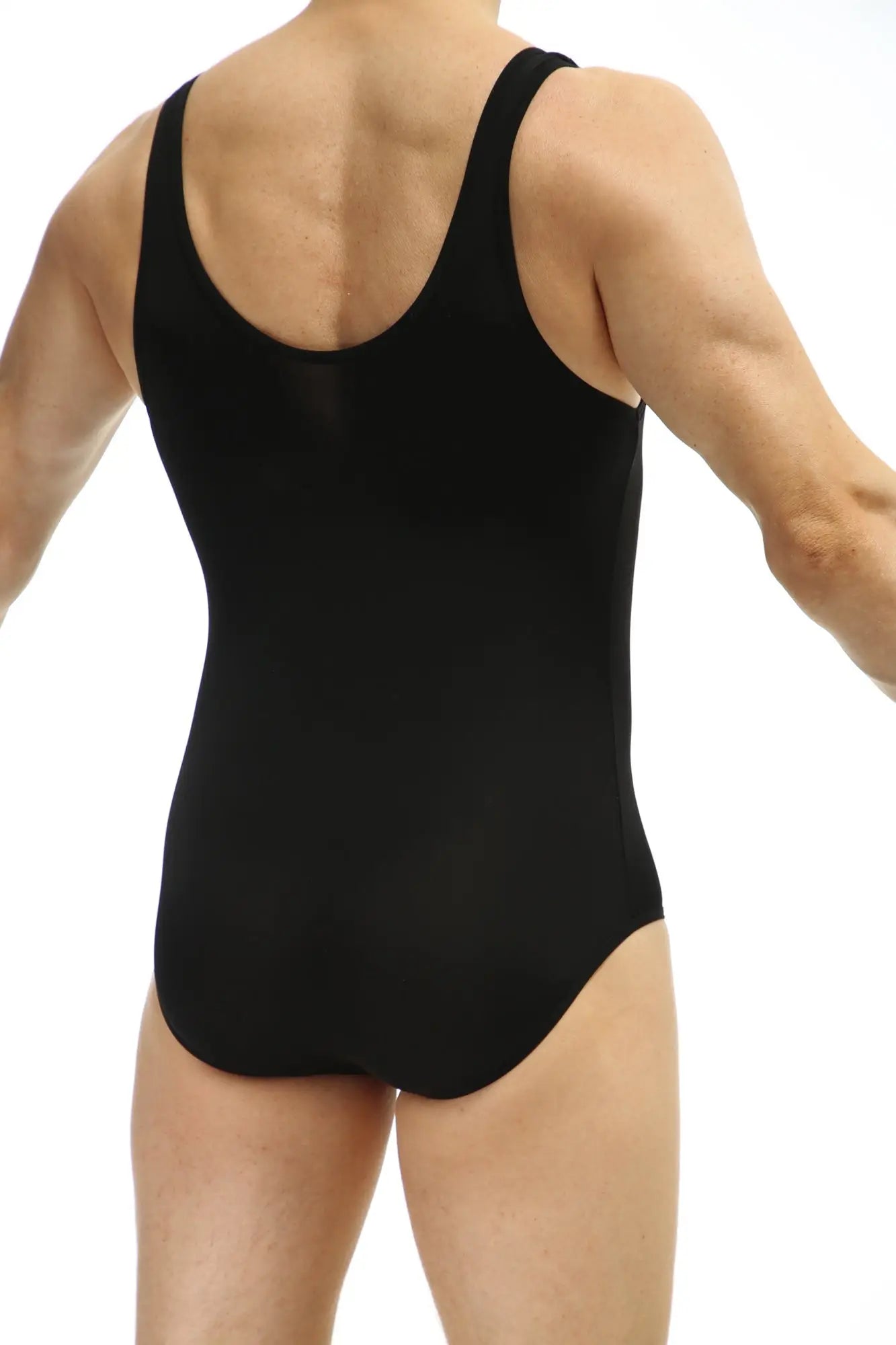 Black bodybrief plum one-piece leotard with wide shoulder straps and rounded back neckline shown from back side