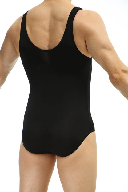 Black bodybrief plum one-piece leotard with wide shoulder straps and rounded back neckline shown from back side