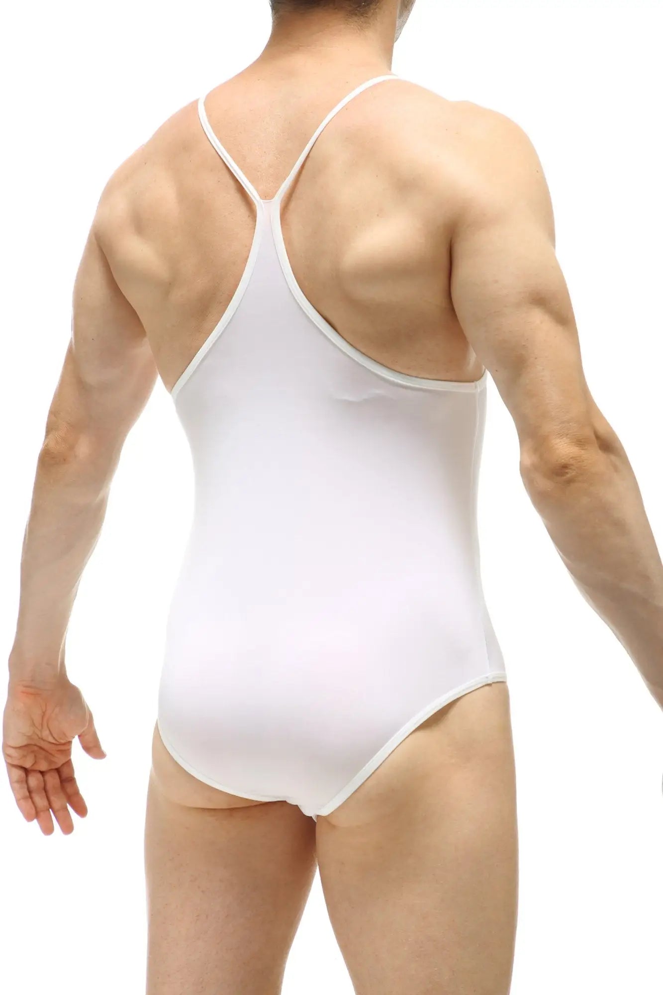 White one-piece swimsuit bodybrief plum white with thin crisscross shoulder straps and smooth form-fitting design