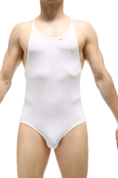 White one-piece swimsuit bodybrief plum white with thin straps and minimalist design