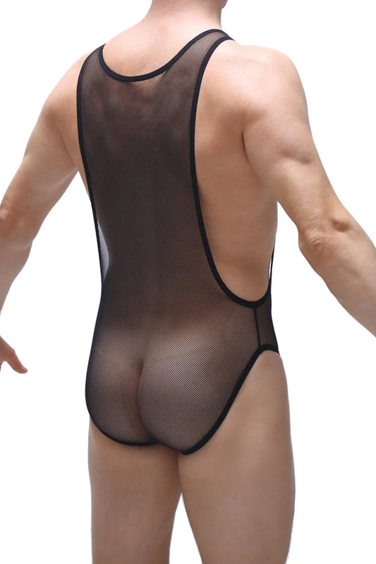 Bodybriefs mus net black black mesh one-piece swimsuit with racerback design and solid black trim shown from back side