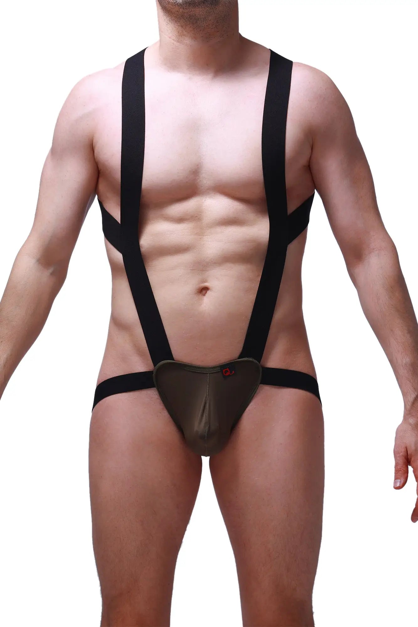 BodyJockstrap Ardun olive featuring black suspenders with a dark olive green contoured front pouch for secure fit