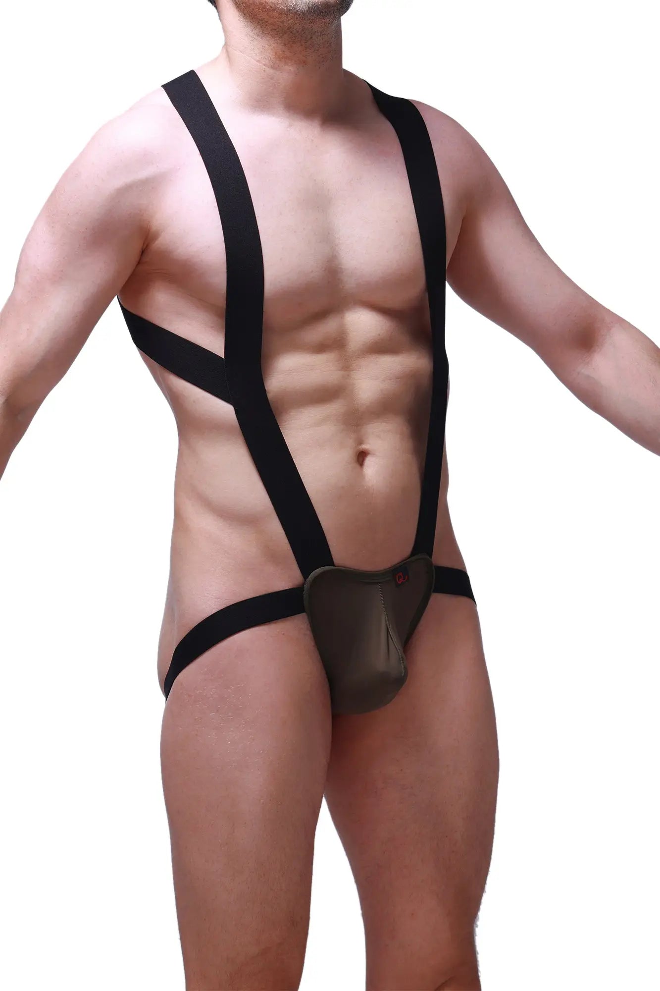 BodyJockstrap Ardun olive men’s black suspenders underwear with padded contoured pouch for support and comfort
