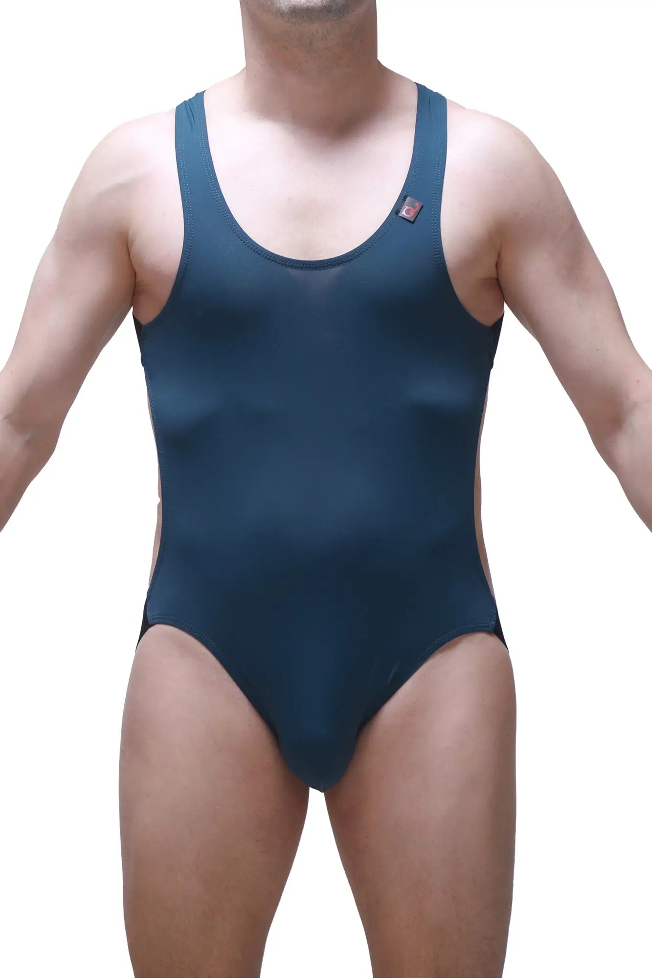 Dark teal bodyjockstrap perrel blue one-piece swimsuit with scoop neckline and racerback design shown from back