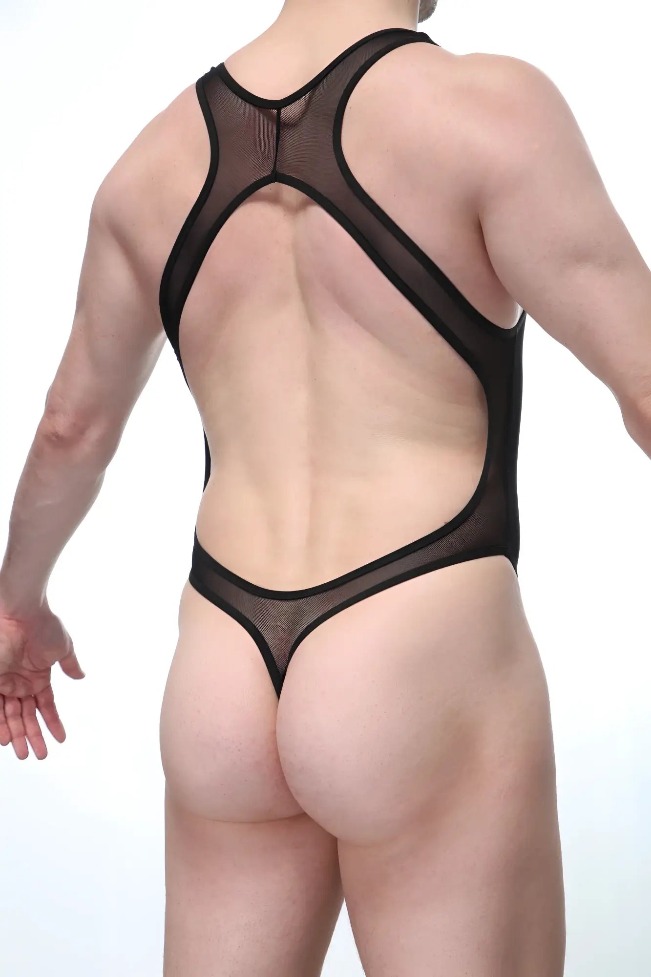 Black mesh one-piece swimsuit bodystring abos black showing the cutout back design