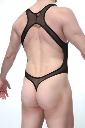 Black mesh one-piece swimsuit bodystring abos black showing the cutout back design