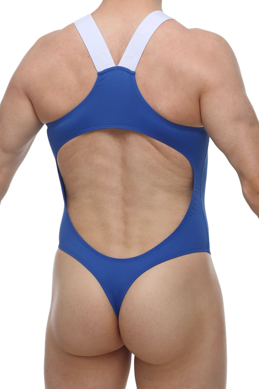 Blue one-piece swimsuit bodythong lansost with white crossback straps and large back cutout shown from the back side