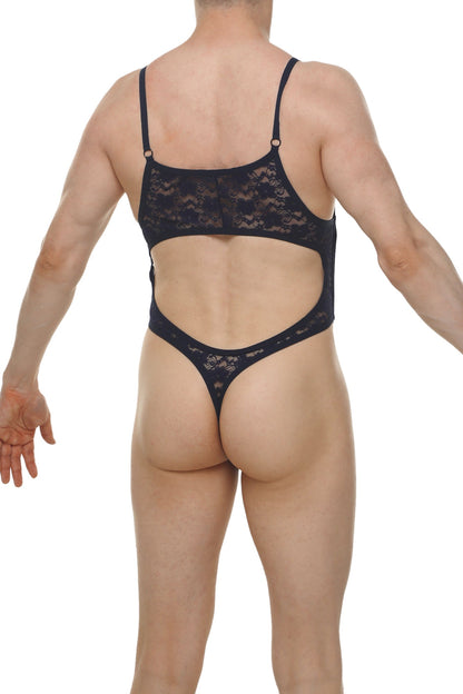 Black lace bodysuit with thin straps and a cutout back design shown from the back view in navy color