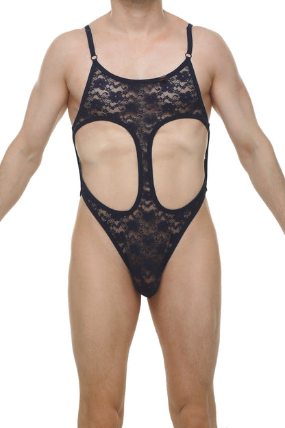 Black lace bodythong with intricate floral patterns and cut-out design in navy for elegant lingerie wear