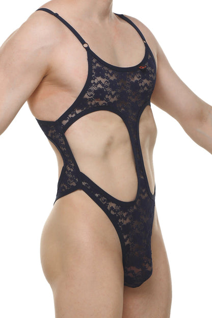 Bodythong campsat lace navy black lace bodysuit with intricate floral patterns and thin straps in front view