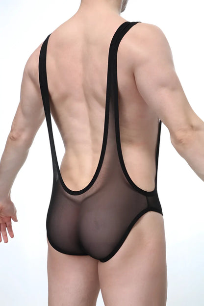 Back view of bodysuit altorf net black black mesh bodysuit with thin shoulder straps and a backless design