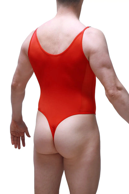 Red one-piece bodysuit bevans featuring thin straps and high-cut leg design in smooth fabric