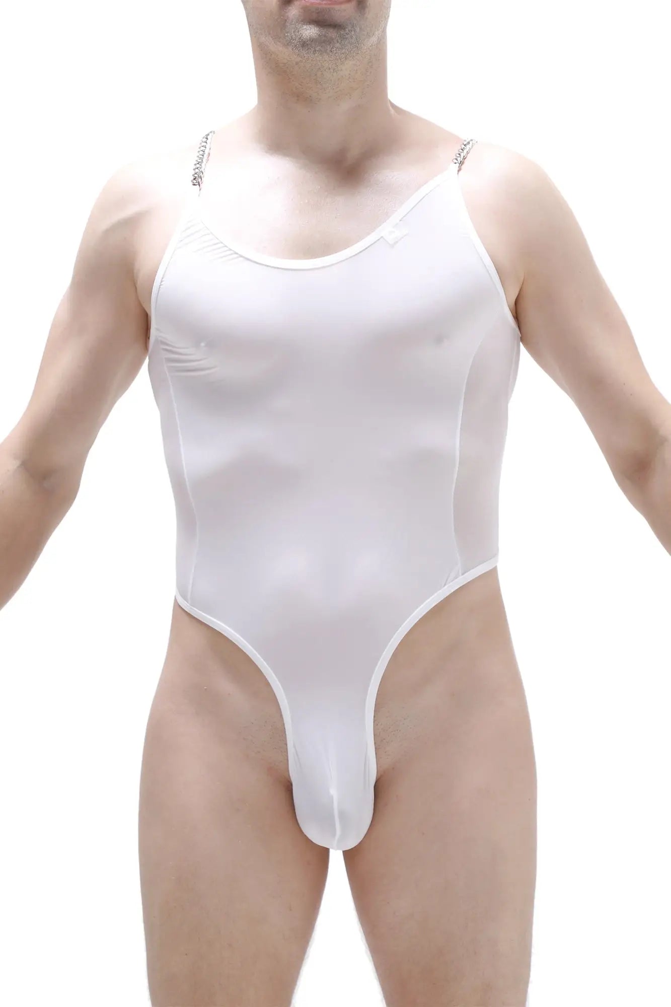 Bodysuit bevans white form-fitting one-piece with thin straps and high-cut leg opening in white material