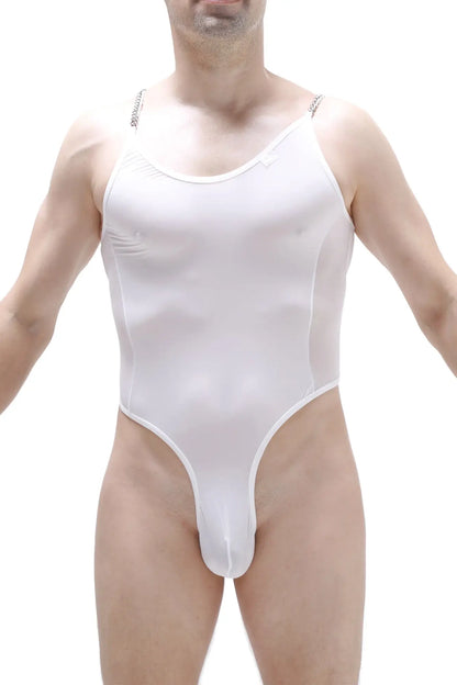 Bodysuit bevans white form-fitting one-piece with thin straps and high-cut leg opening in white material