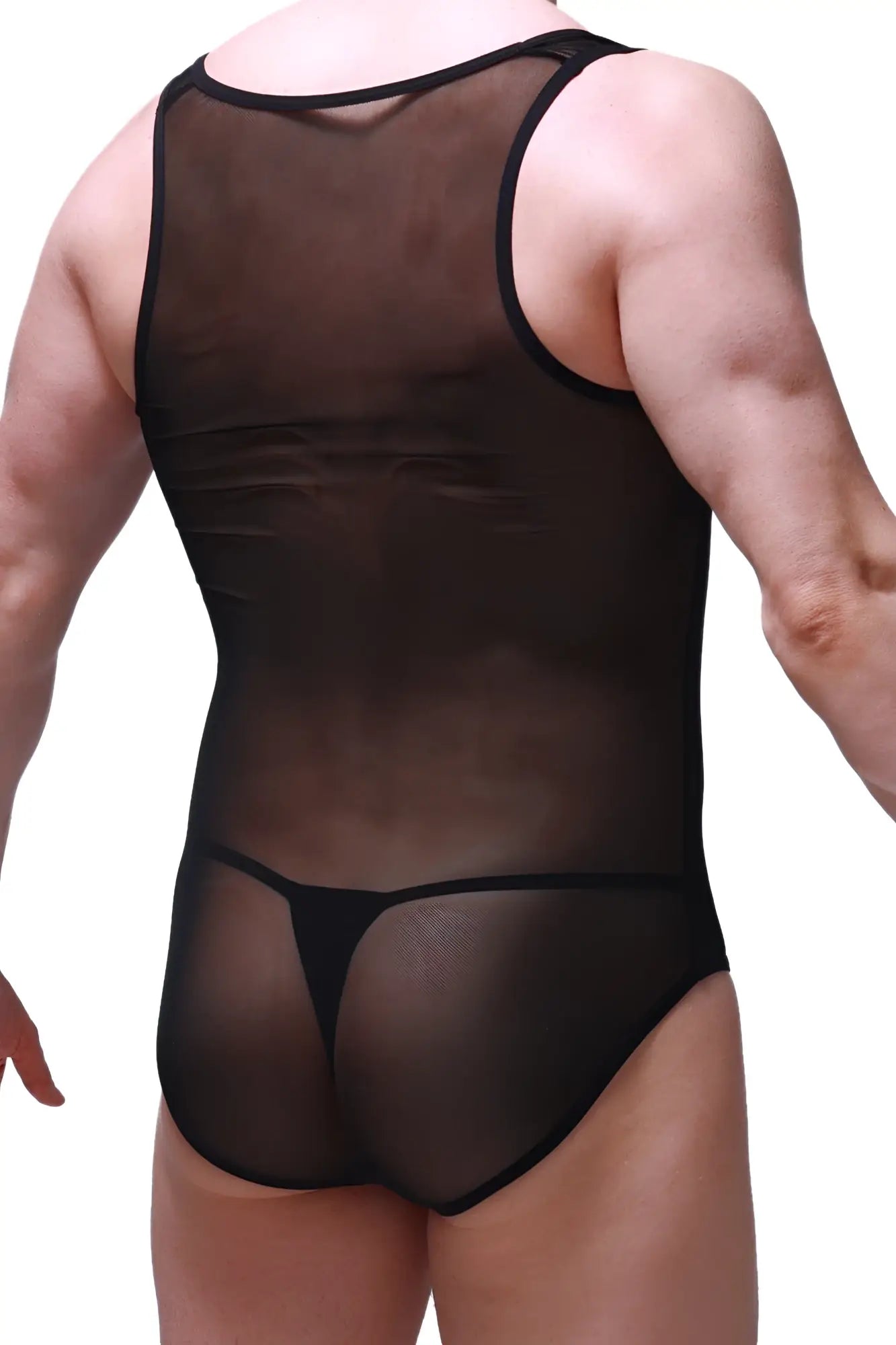 Black sheer mesh one-piece bodysuit with black trim bodysuit bolver black front view