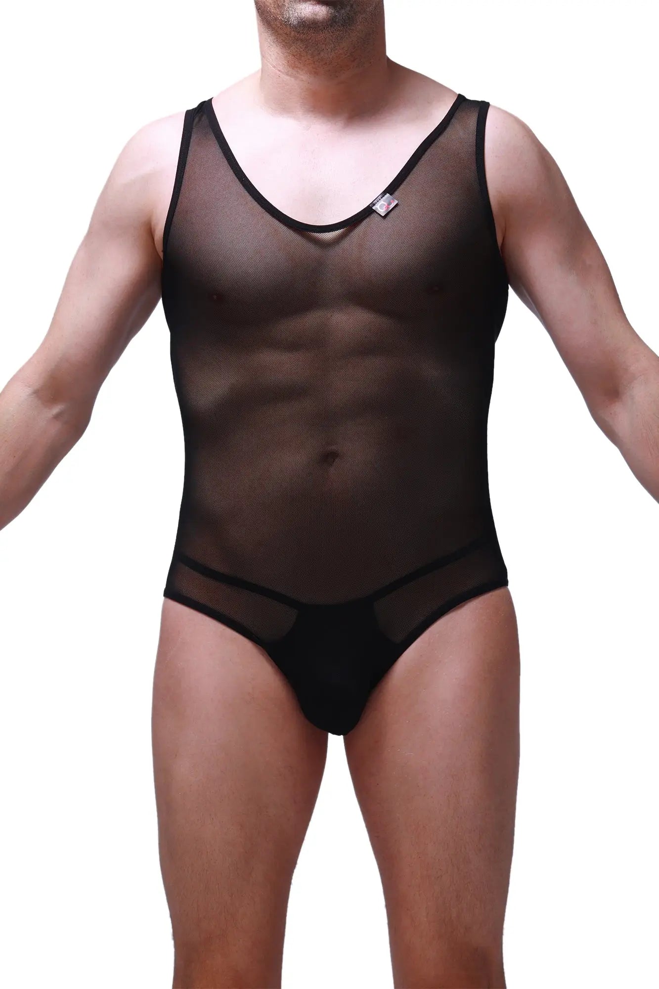 Black sheer mesh one-piece swimsuit with black trim and small logo on chest bodysuit bolver black style