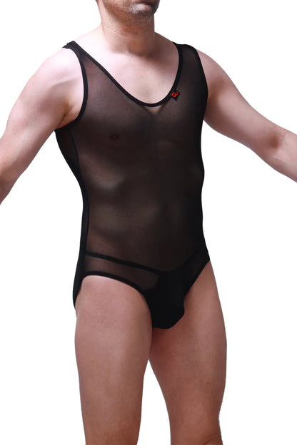 Bodysuit bolver black sheer mesh tank top with black trim and small red logo on the chest