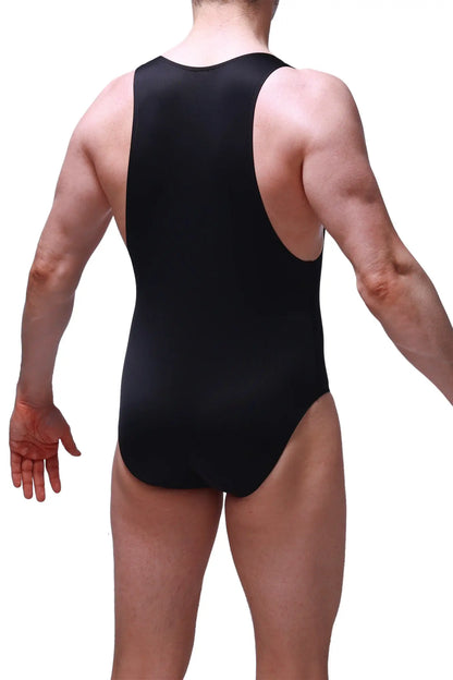 Black sleeveless bodysuit brief tanos with high-cut leg and racerback style perfect for swimwear or layering