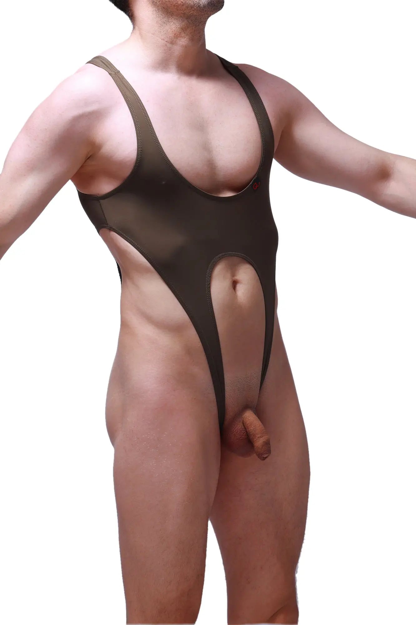 A sleek dark brown bodysuit caussol plum olive with plunging neckline and high-cut legs one-piece swimsuit