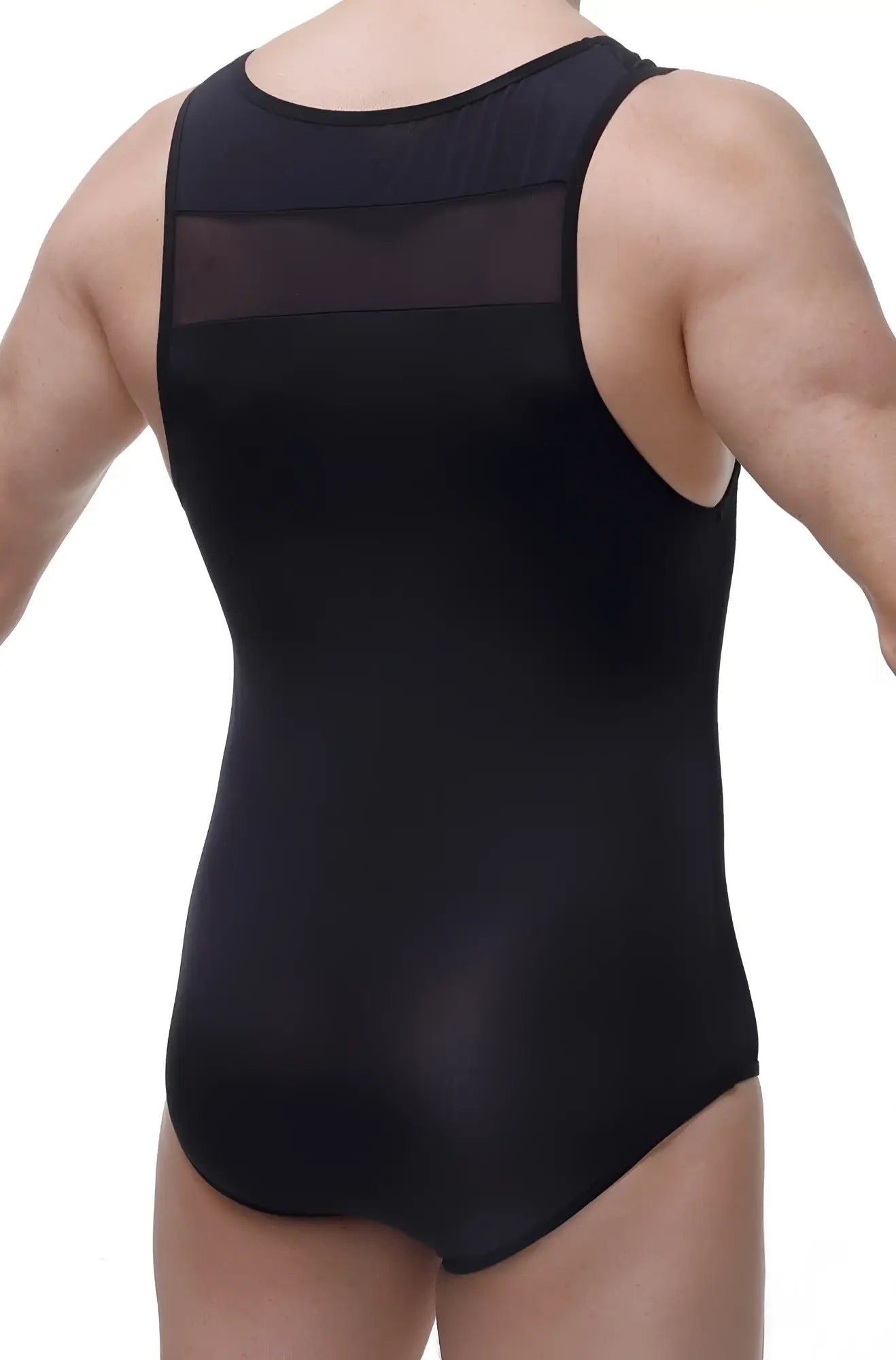 Back view of bodysuit herly black sleeveless leotard with sheer mesh panel across upper back in black fabric