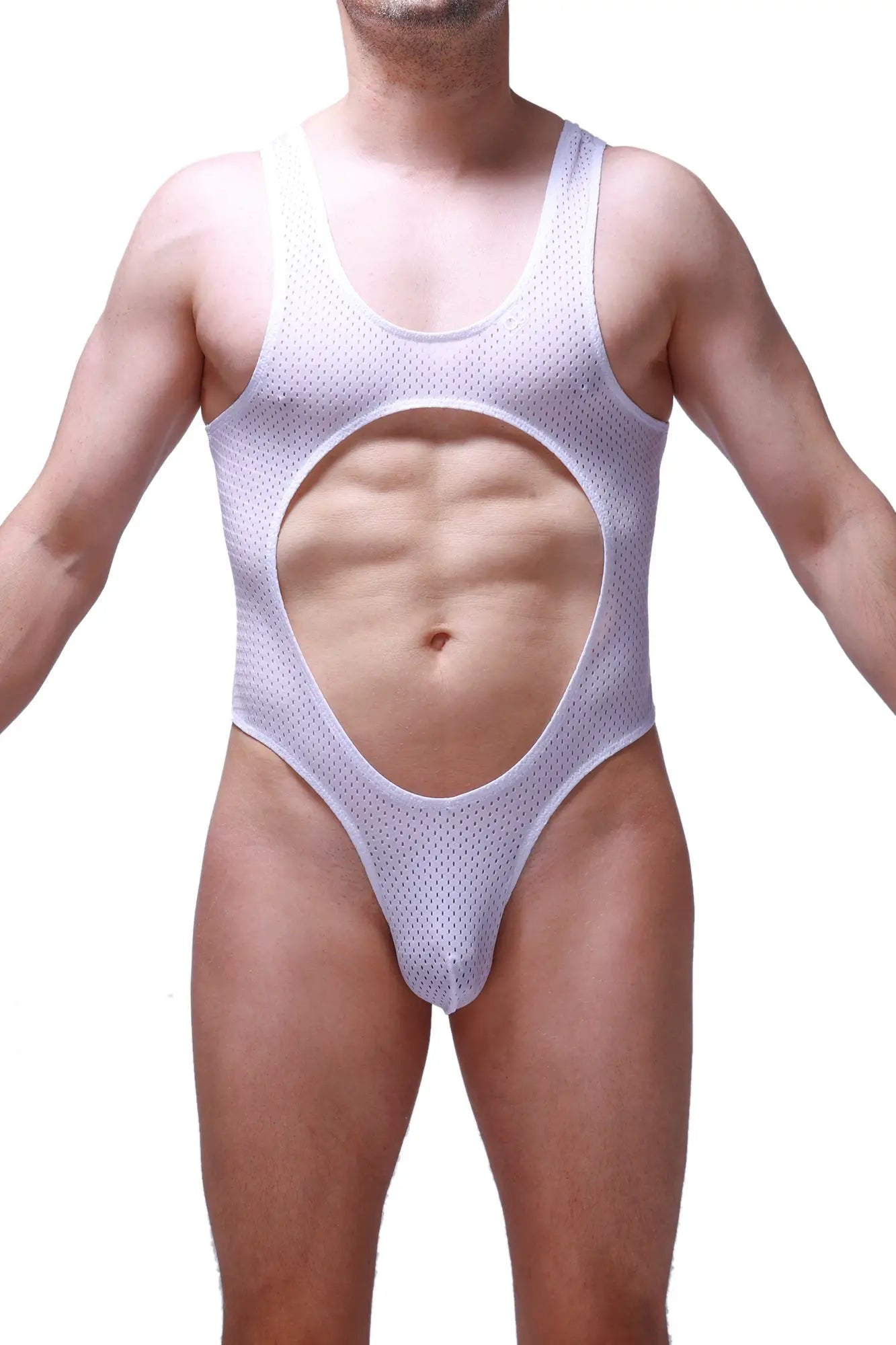 White mesh one-piece swimsuit bodysuit lerzy bee white with large circular cutout at the center front