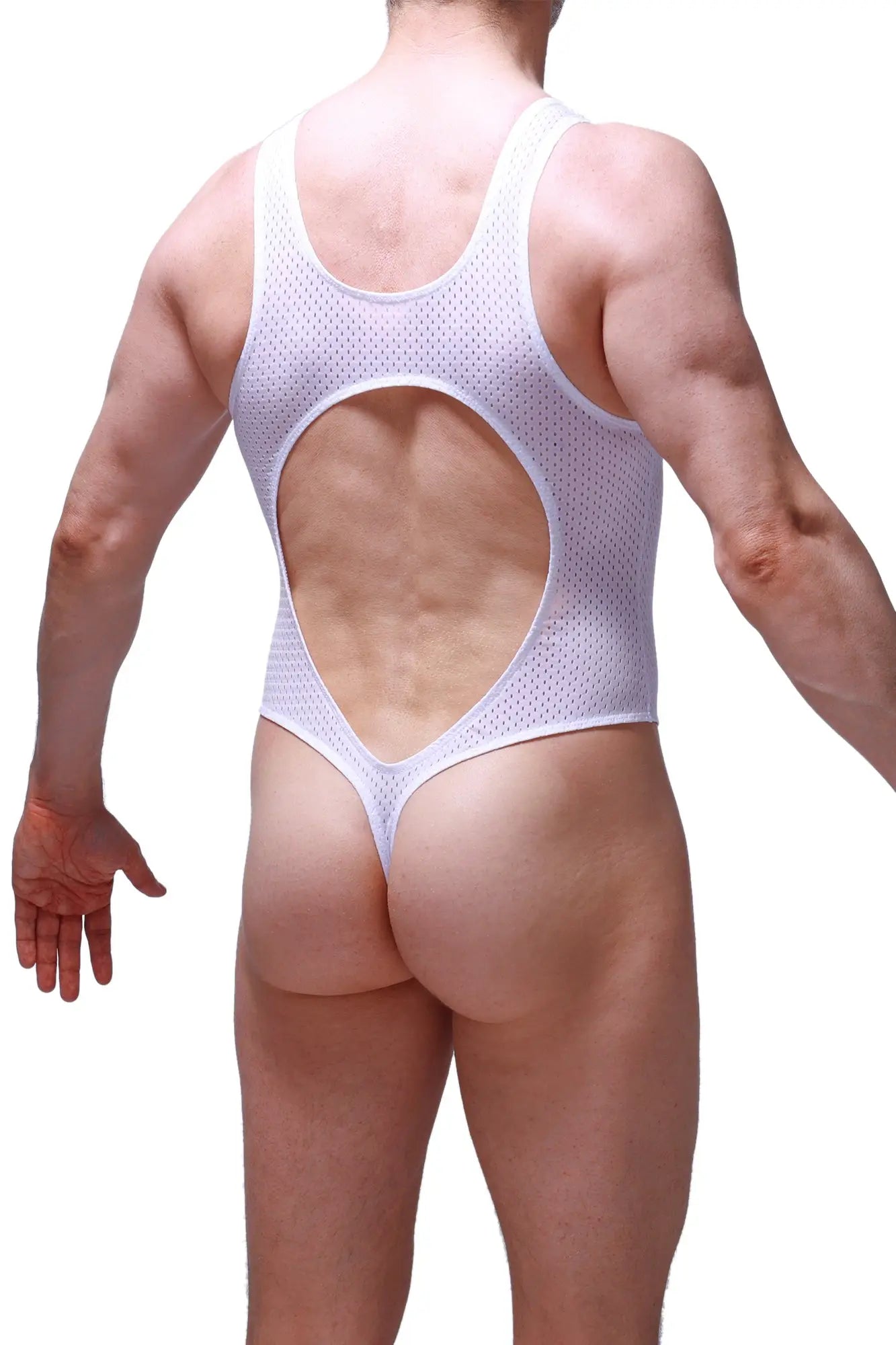 White mesh one-piece swimsuit with large circular cutout at the back bodysuit lerzy bee white